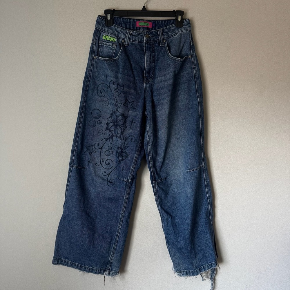 Empyre Womens Wide Leg Skater Jeans Blue Graphic Print Distressed Hem Size 2